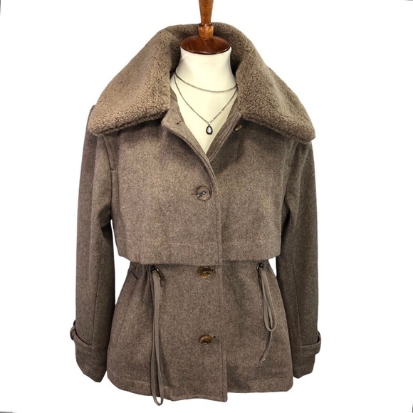 dh New York Addie Jacket Toggle Women's S Wool Blend Cropped Faux Sherpa Collar - Picture 5 of 13